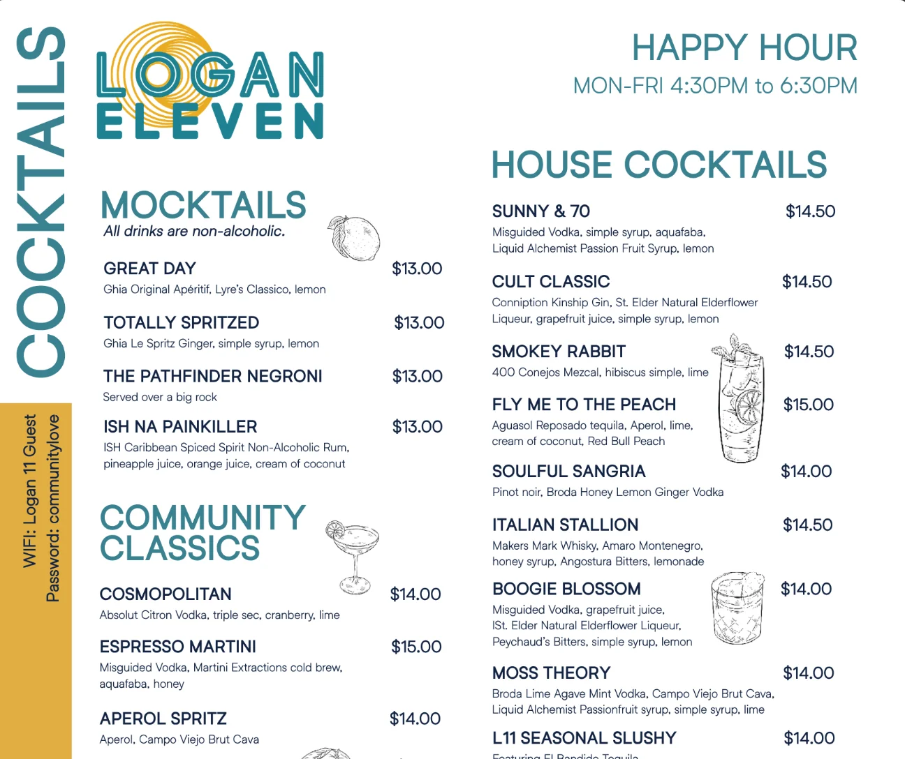 Logan Eleven Cocktails, THC, + Wine Menu