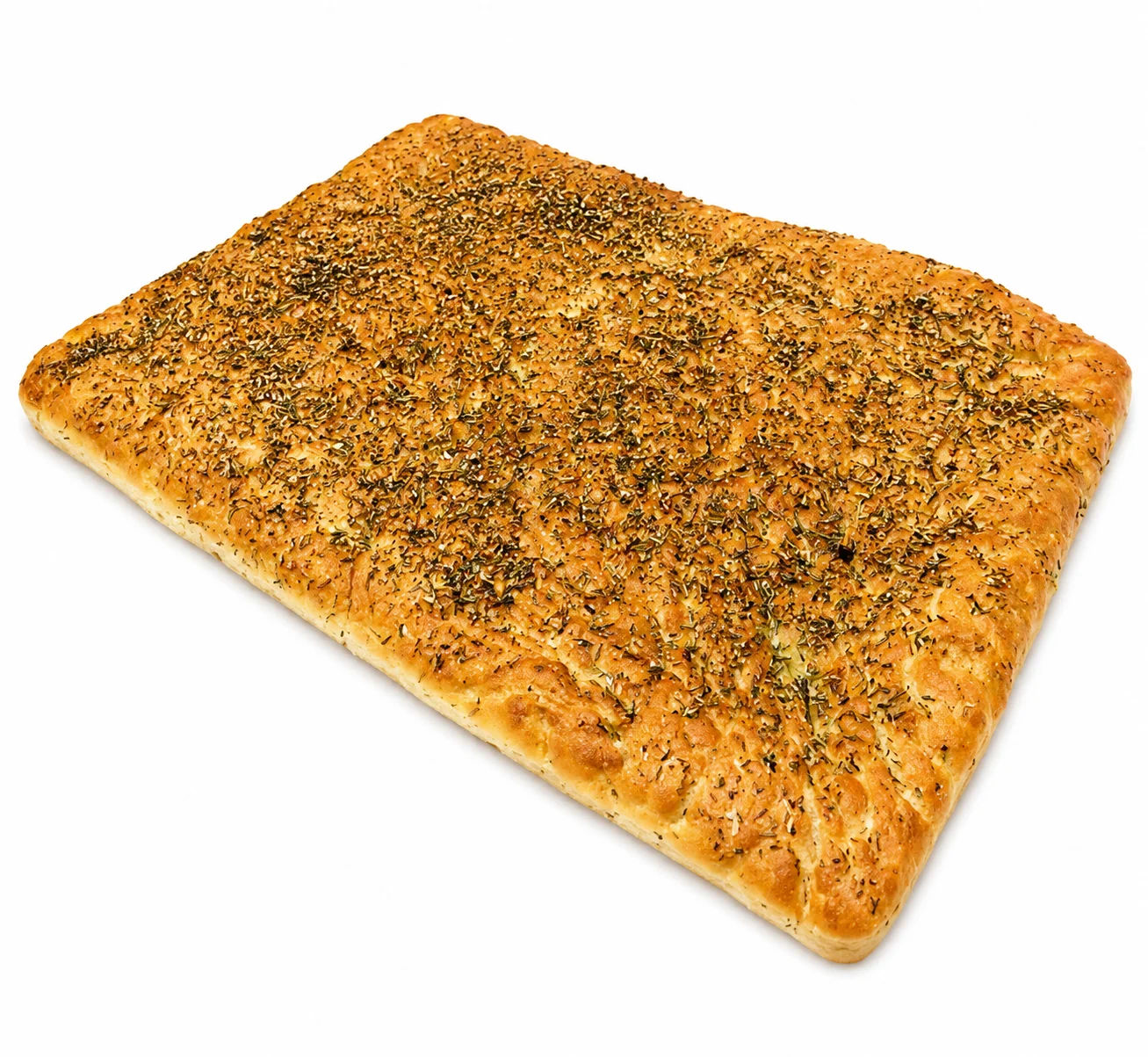 A rectangular piece of herb-infused focaccia bread.
