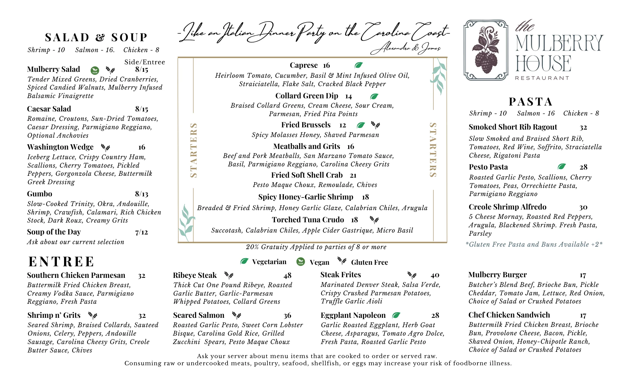 Italian pasta menu featuring diverse dishes and prices
