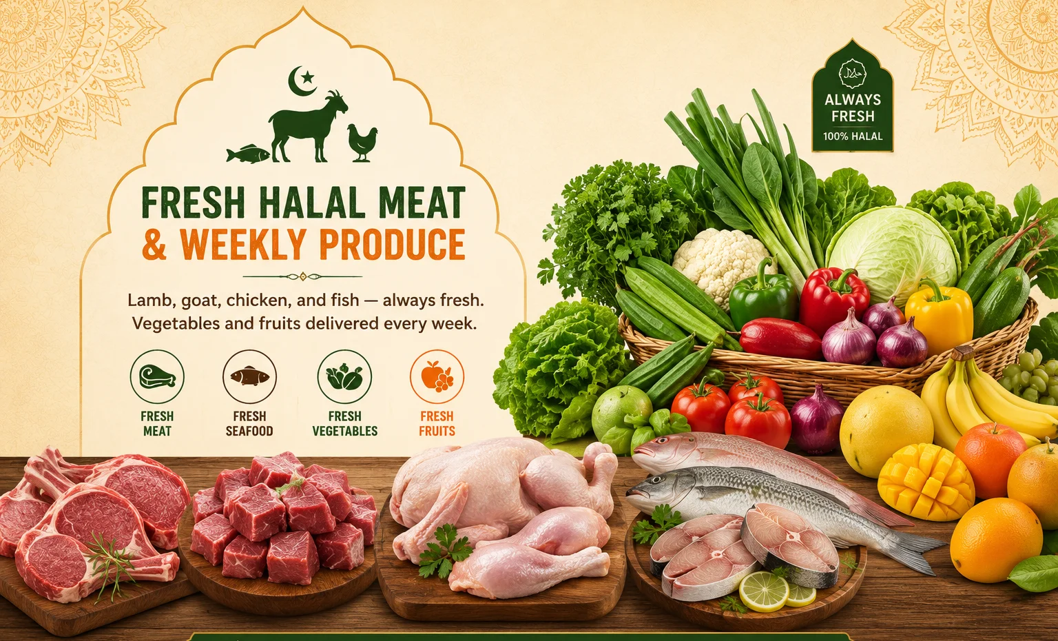 Fresh halal meat and produce with weekly delivery options.