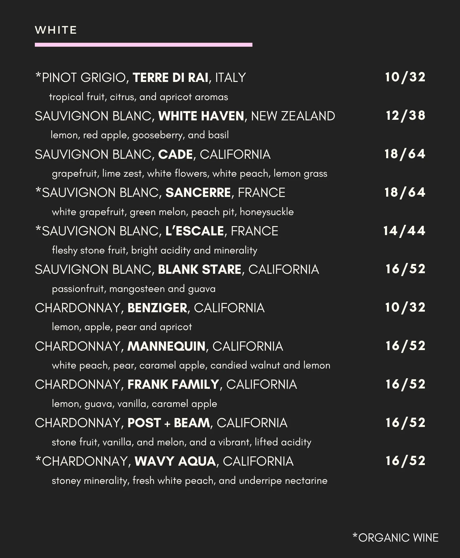White wine menu featuring selections from Italy, France, and California