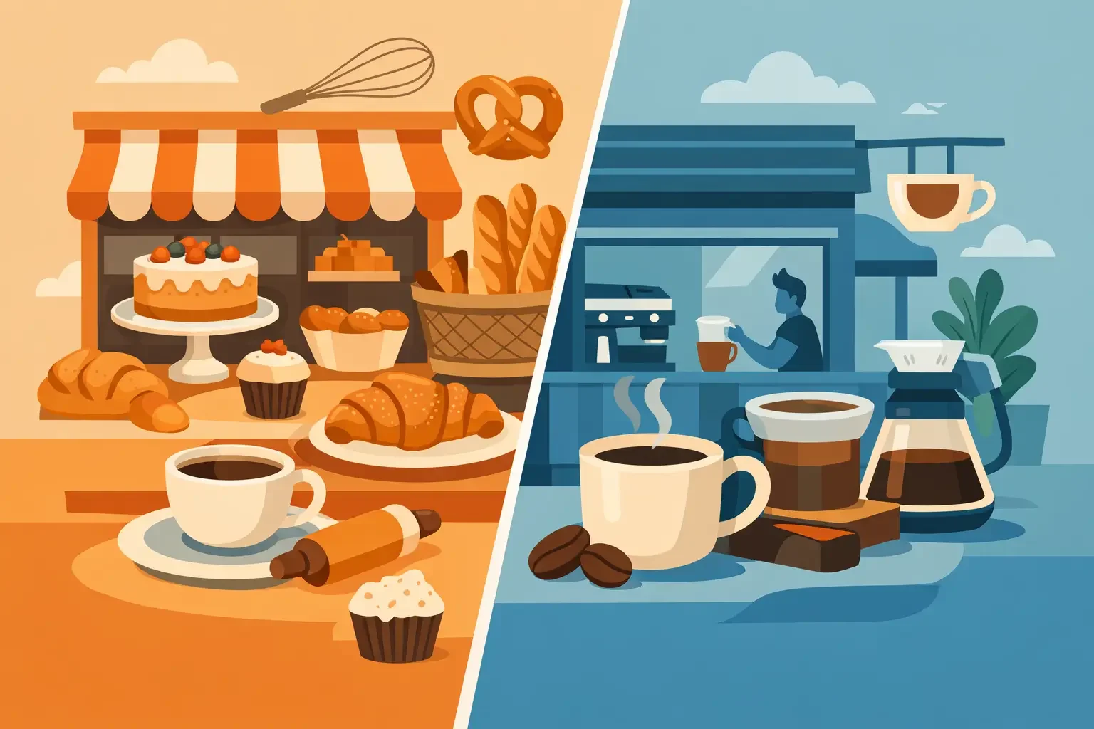 Bakery display with pastries and coffee in a cozy café setting
