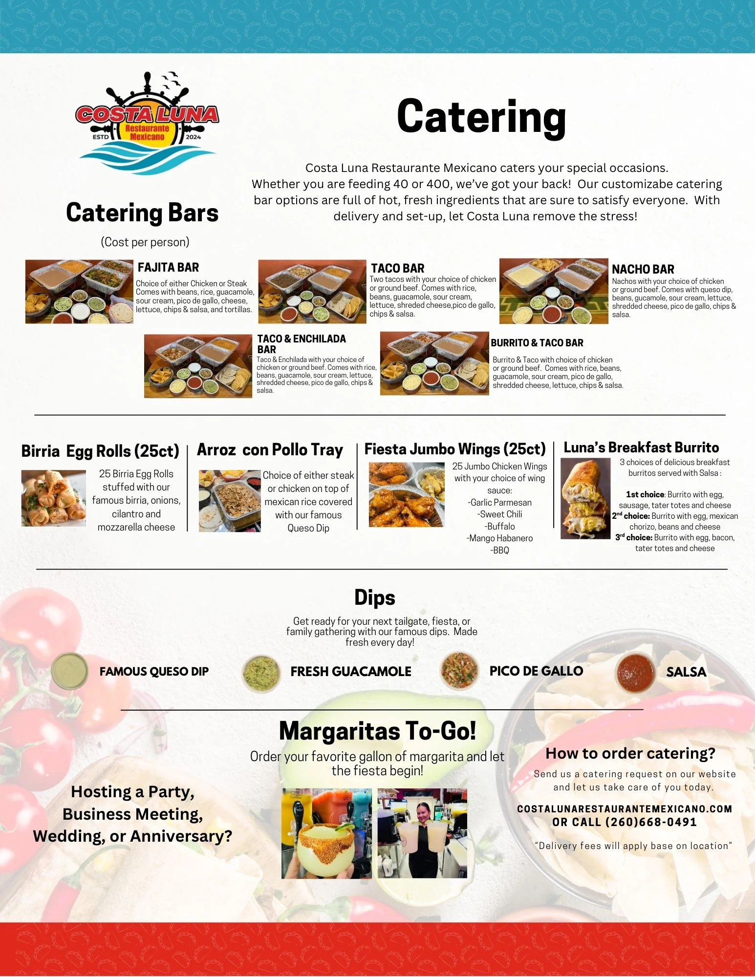 Catering menu featuring Mexican dishes and dips for special occasions