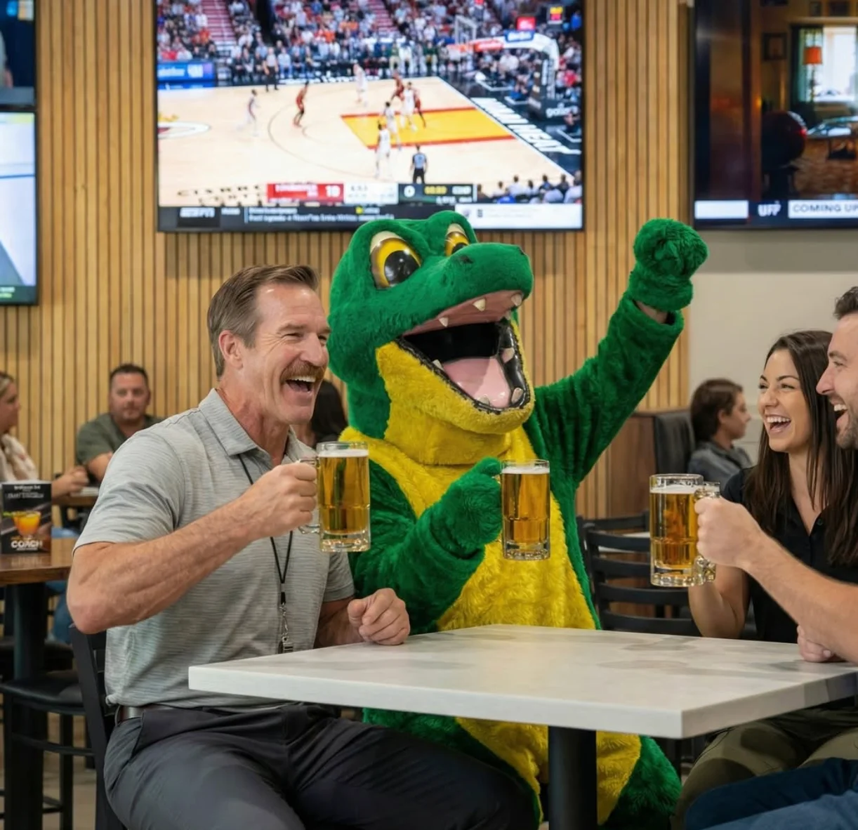 Guests drinking and cheering with Gator's mascot, Scooter