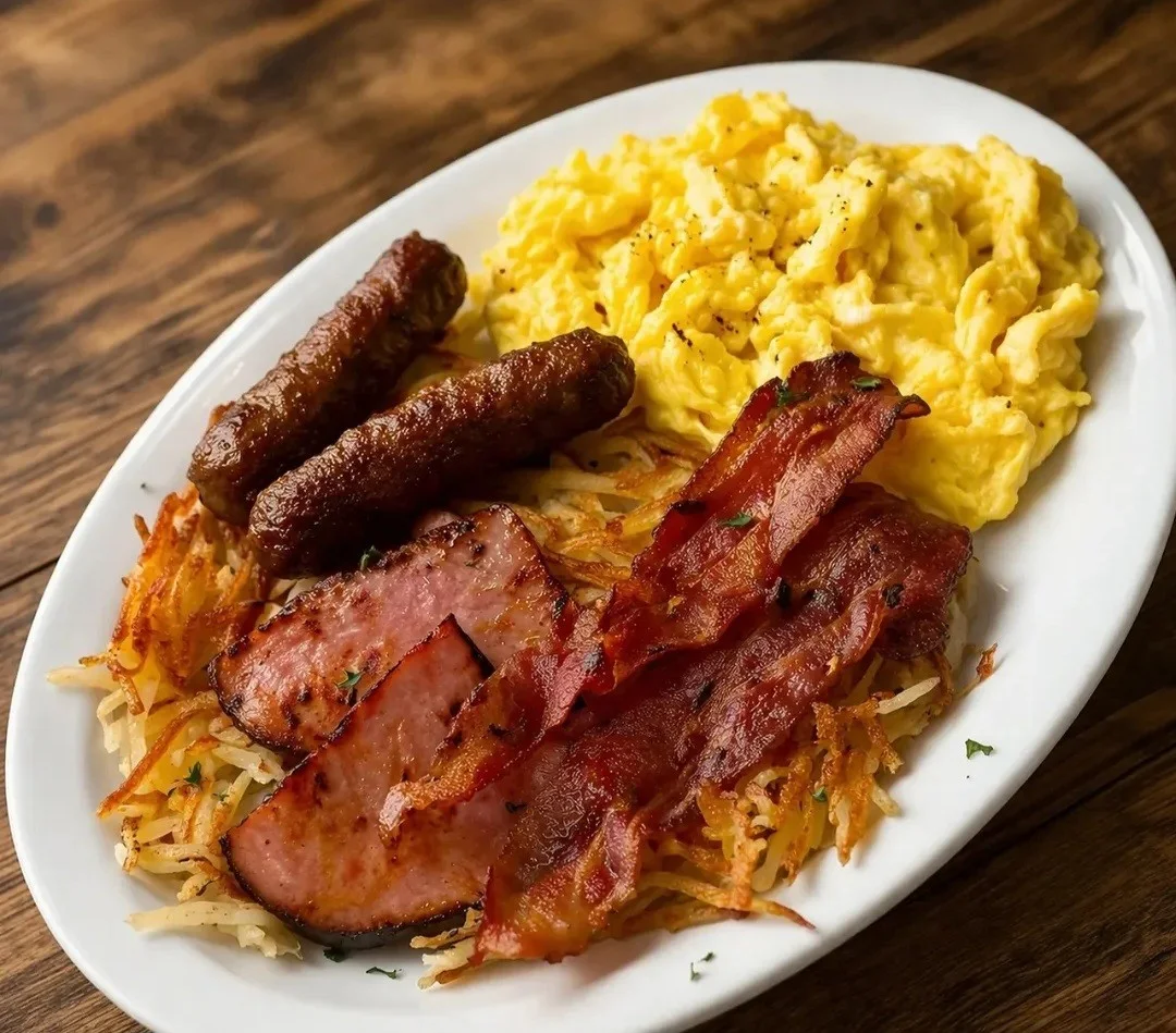 Classic American breakfast platter with eggs, bacon, and sausage