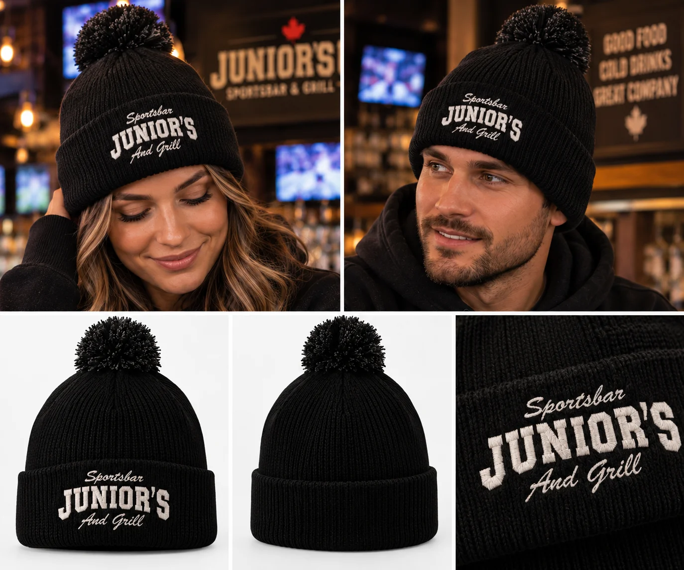 Stylish black beanie with pom-pom from Junior's Sportsbar and Grill