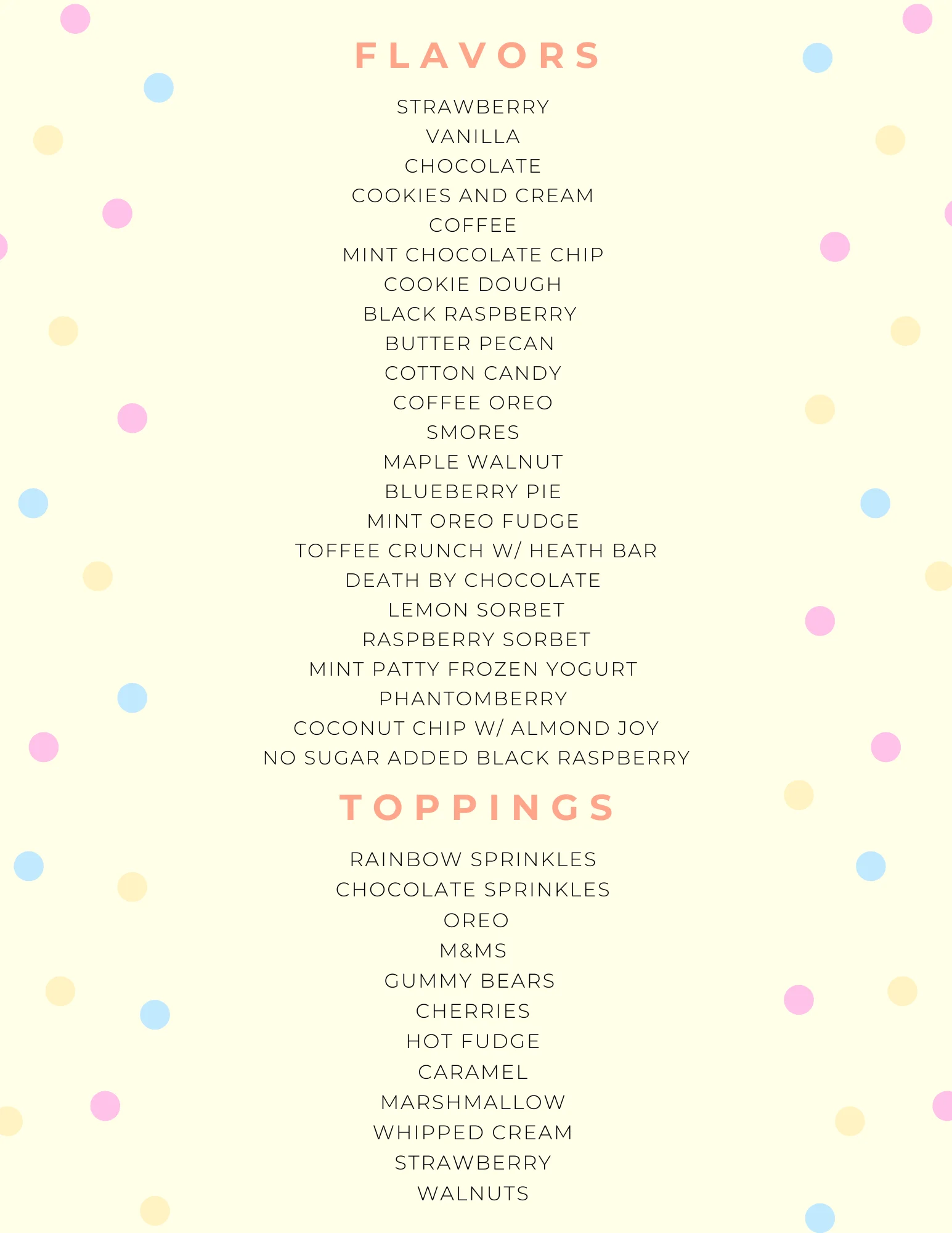 Colorful ice cream menu featuring pastel designs and various flavors.