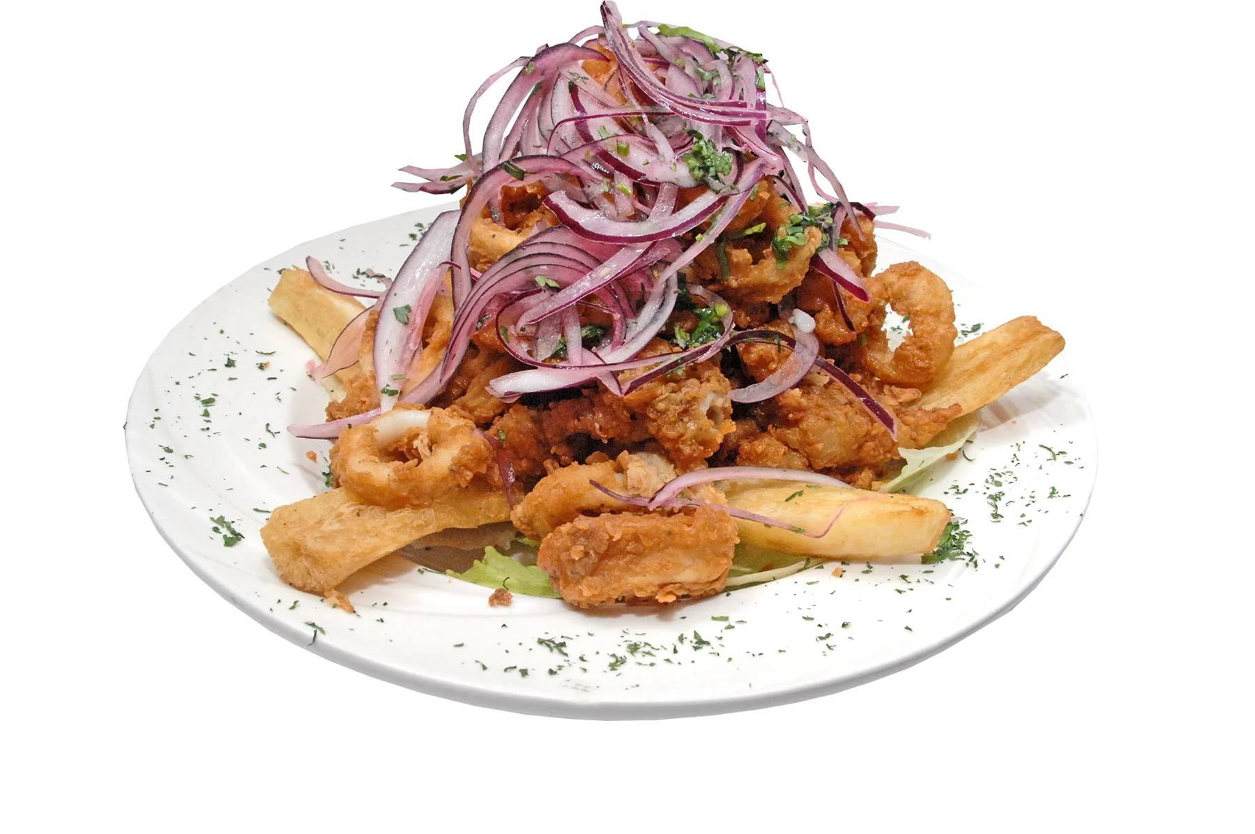 Peruvian seafood dish, calamari fritters with onions and plantains