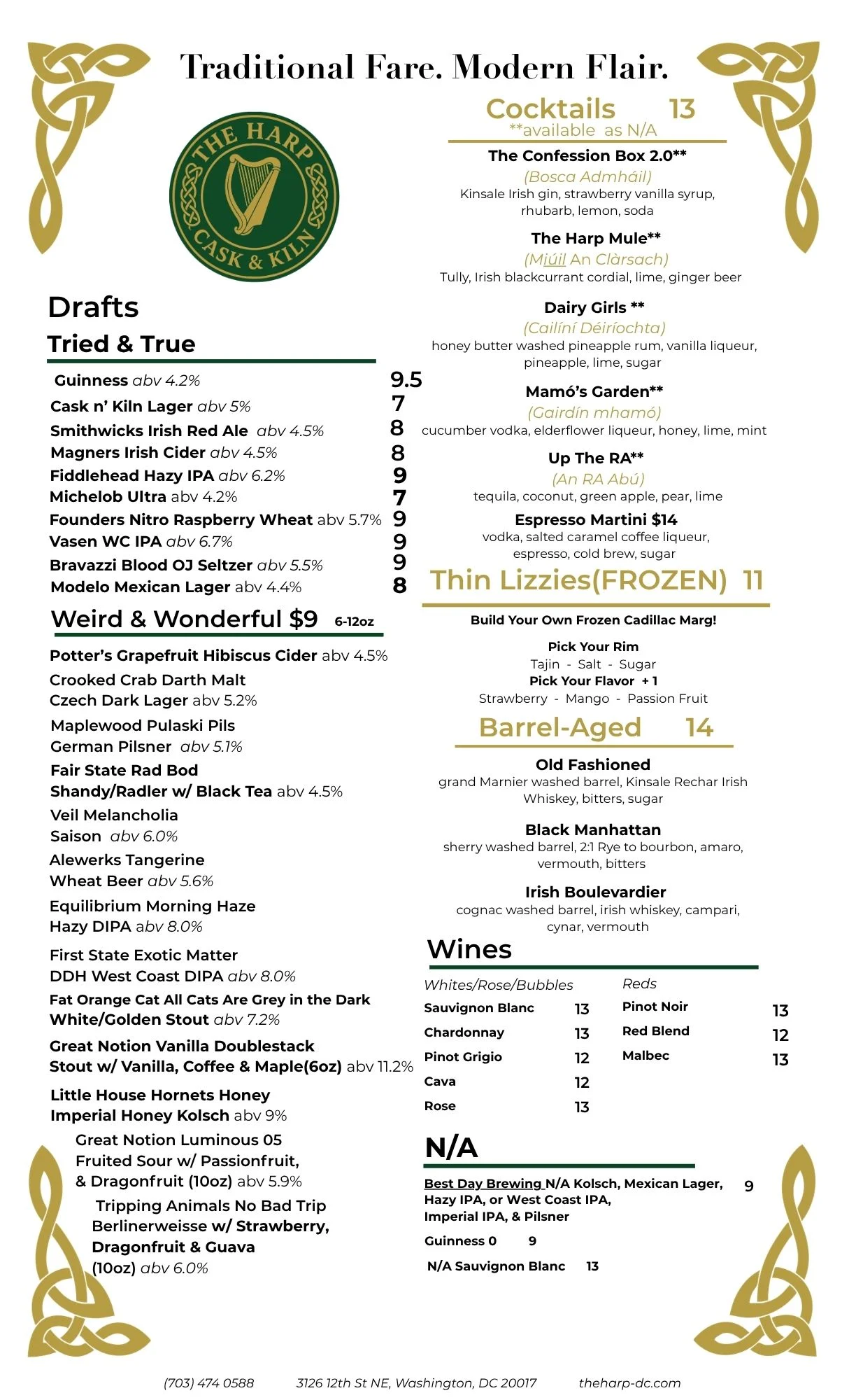 Menu featuring cocktails, drafts, and wines at The Harp restaurant.