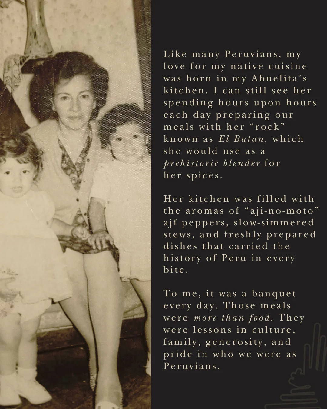 Childhood photo with grandmother in Peru, reflecting cultural heritage