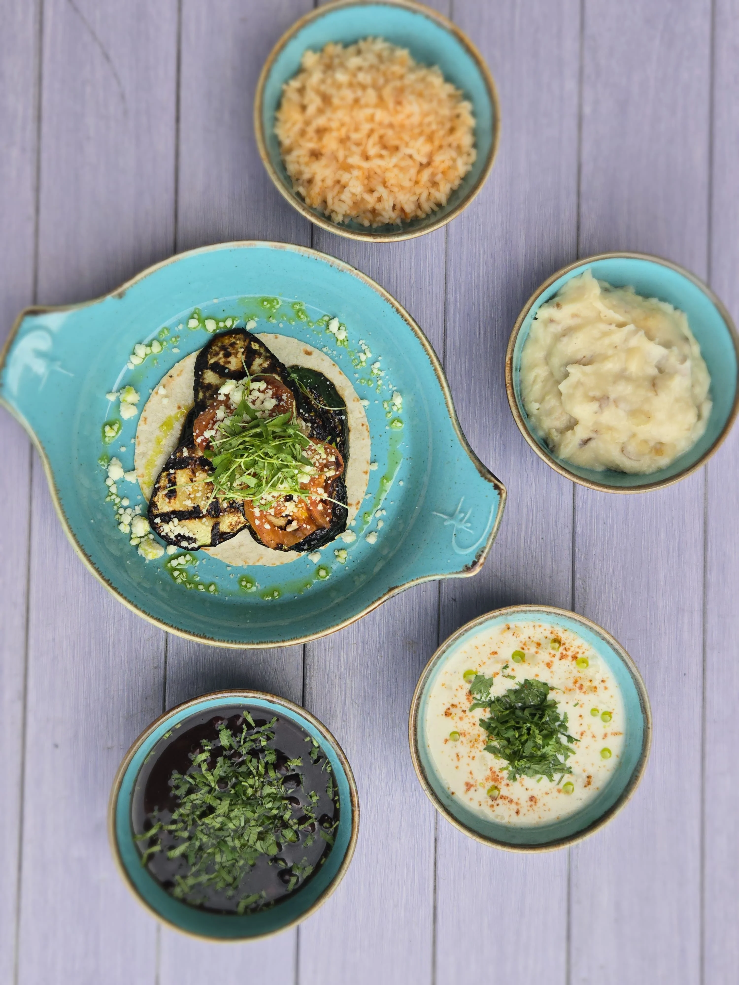 Mexican grilled vegetable tacos with sides