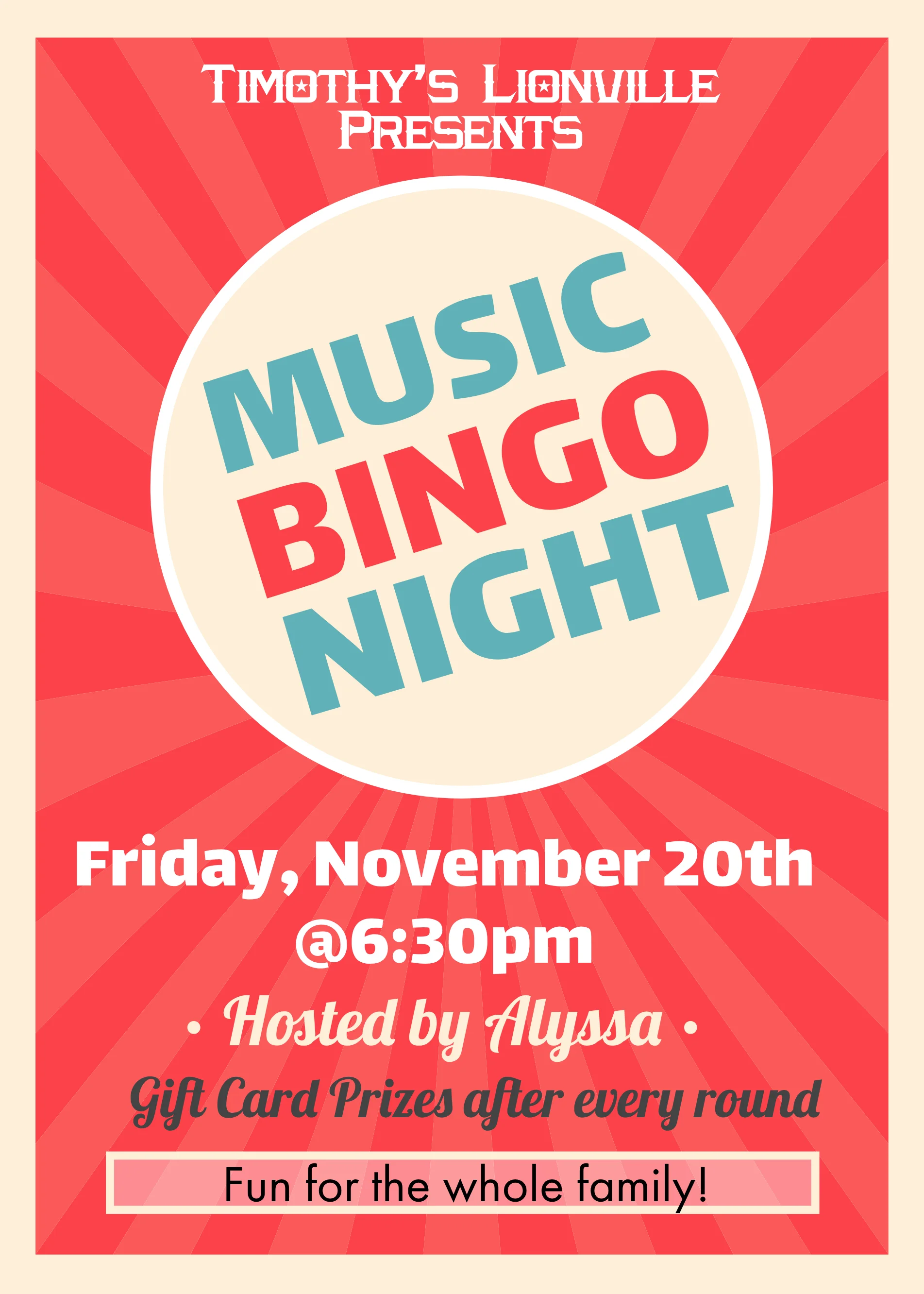 Typography event poster for a family music bingo night
