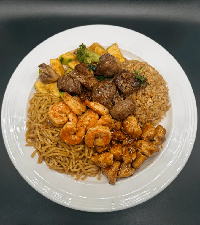 Hibachi steak, shrimp and chicken with fried rice and noodles — catering tray from Mahzu East Windsor