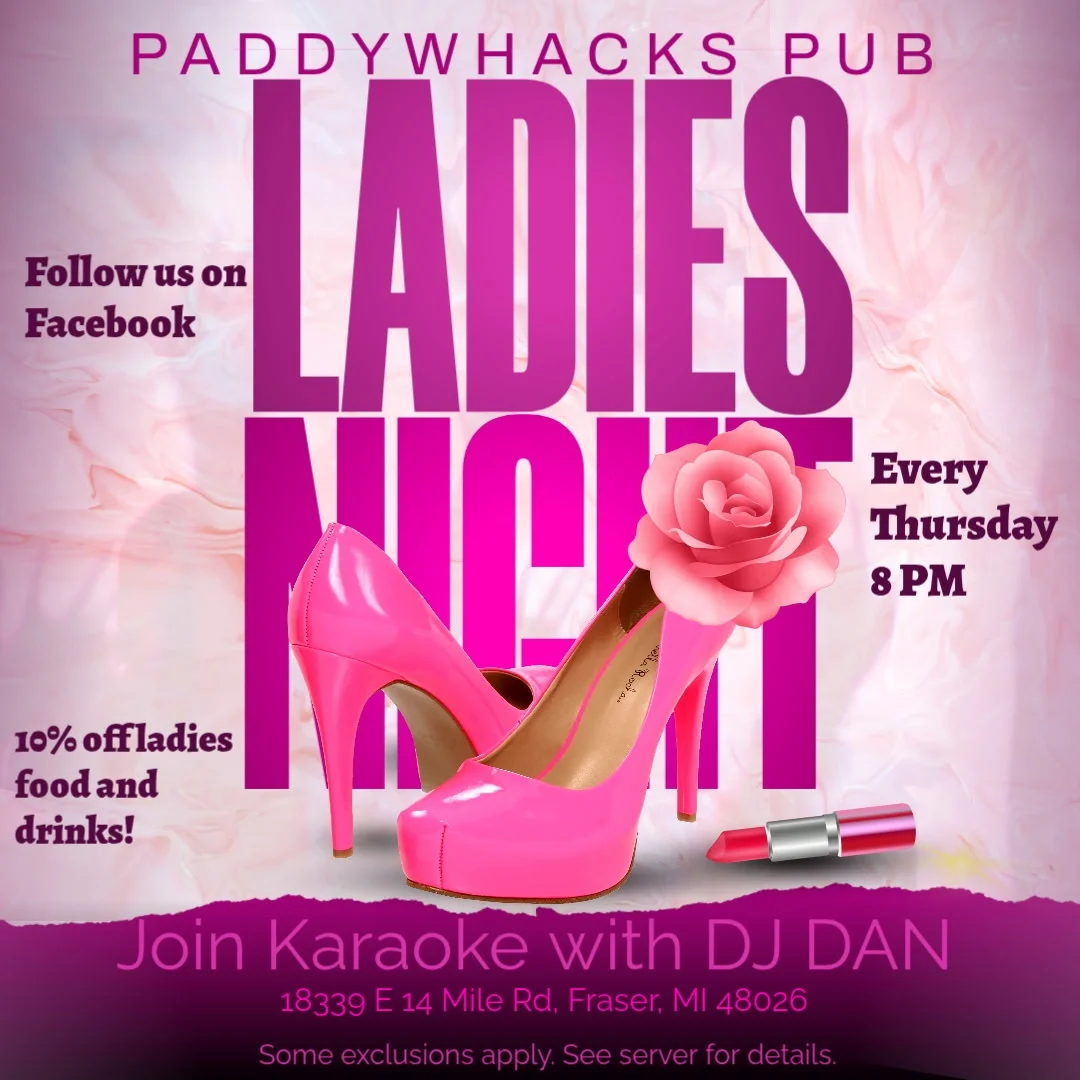 Promotional poster for Ladies Night at Paddywhacks Pub