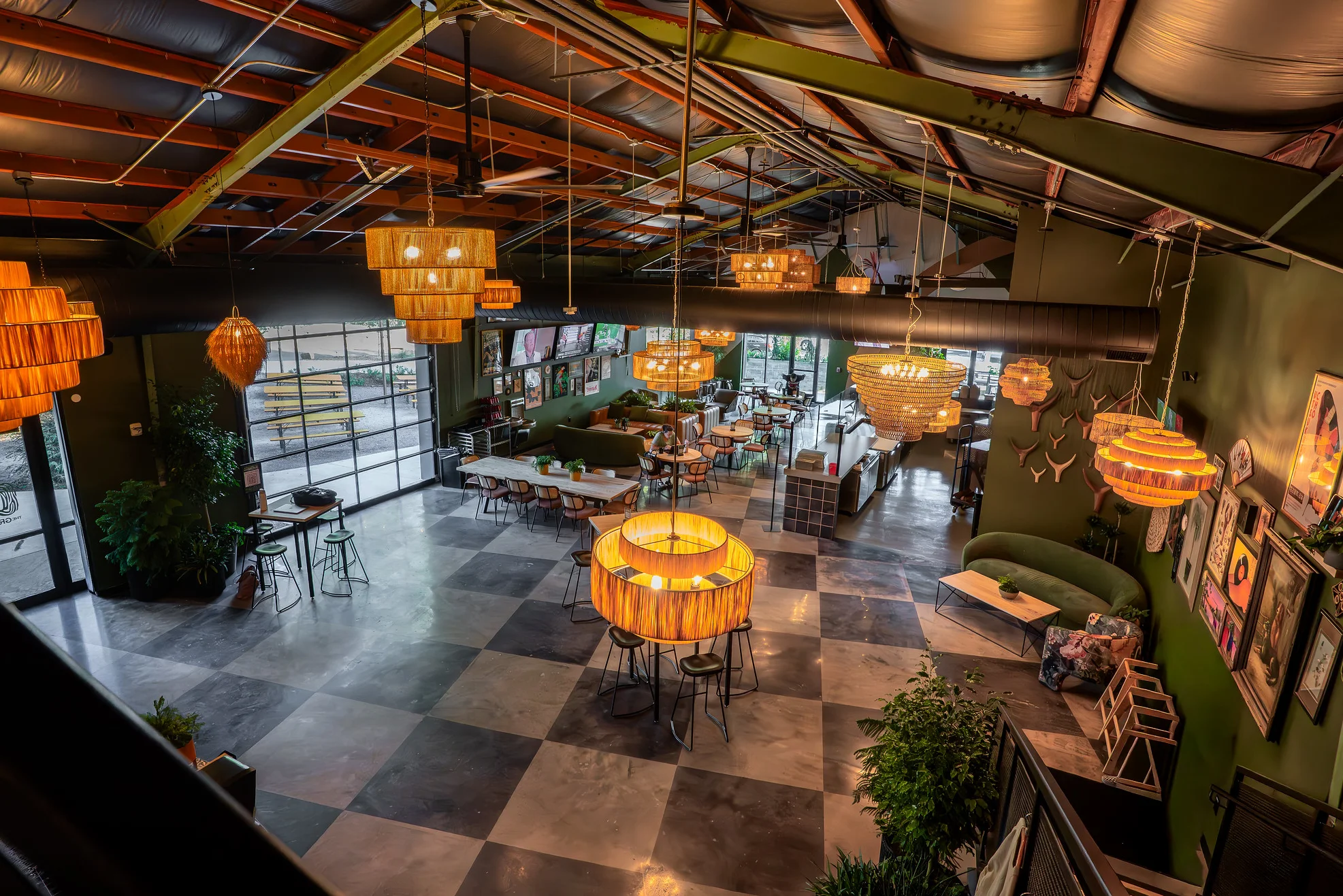 Stylish restaurant interior with unique lighting and modern decor