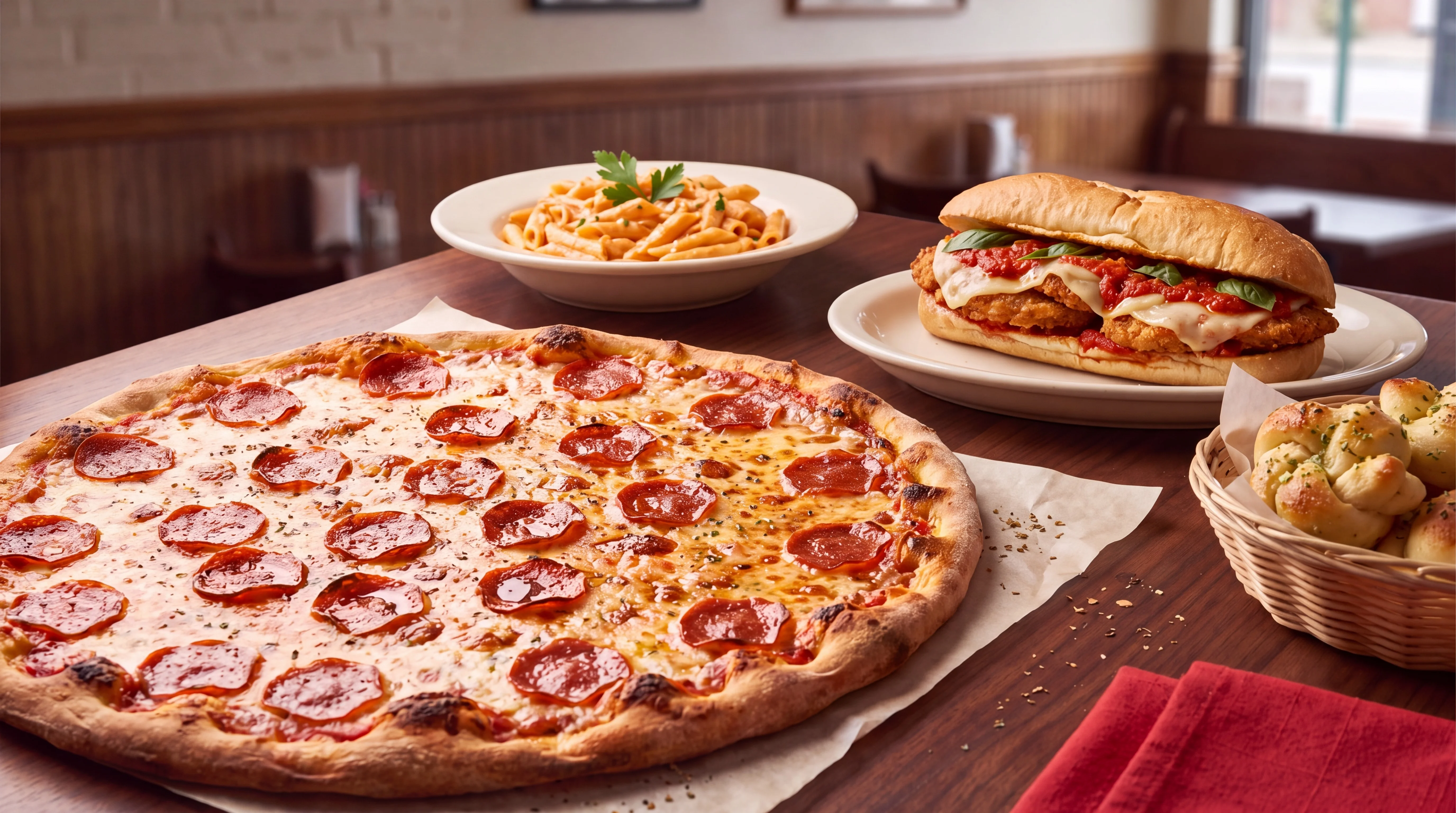 Pizza, chicken parm hero, penne vodka and garlic knots