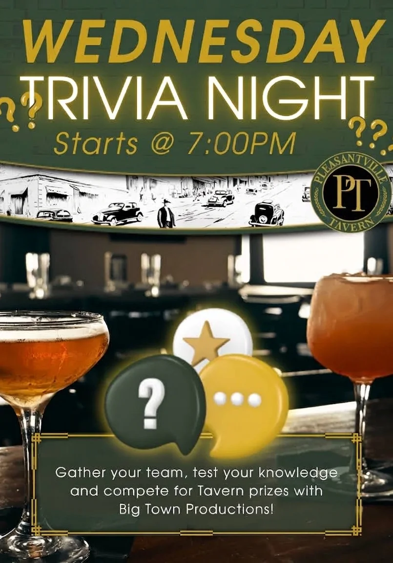 Trivia night promotion at a tavern with cocktails and vibrant decor