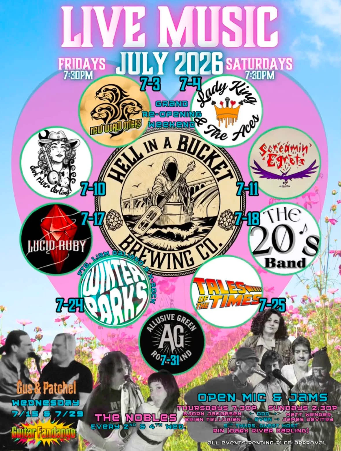 A vibrant event poster for live music at Hell in a Bucket Brewing Co. for July 2026, featuring various performers and dates.