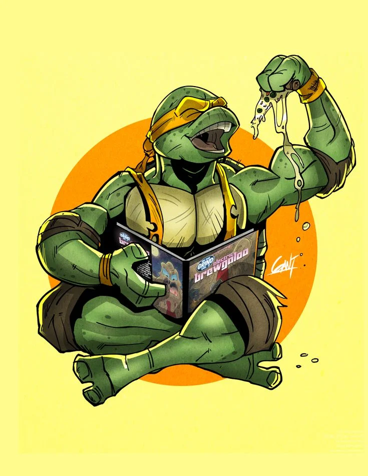 Cartoon turtle enjoying pizza and gaming