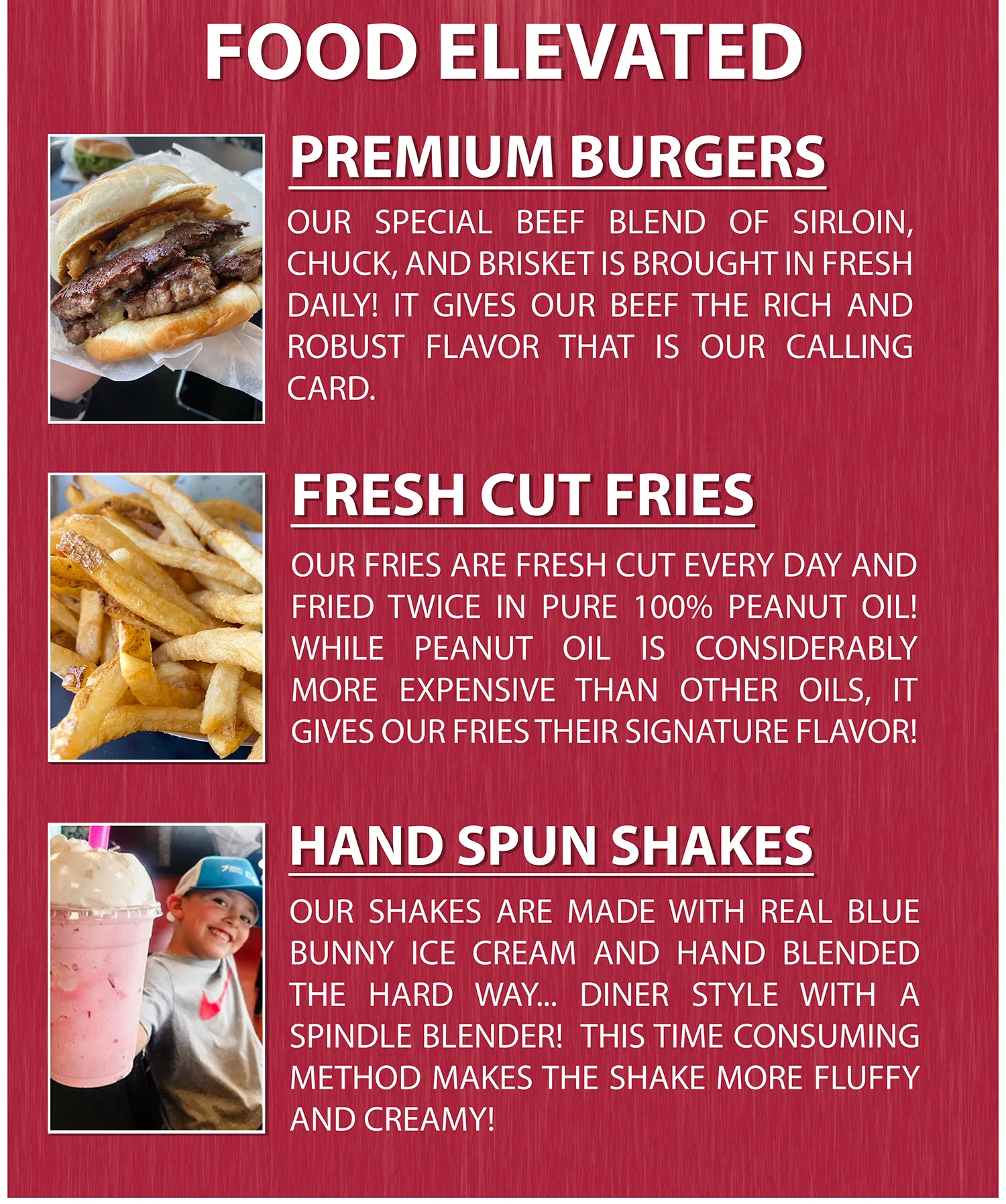 Restaurant promotional poster featuring premium burgers, fresh-cut fries, and hand-spun shakes