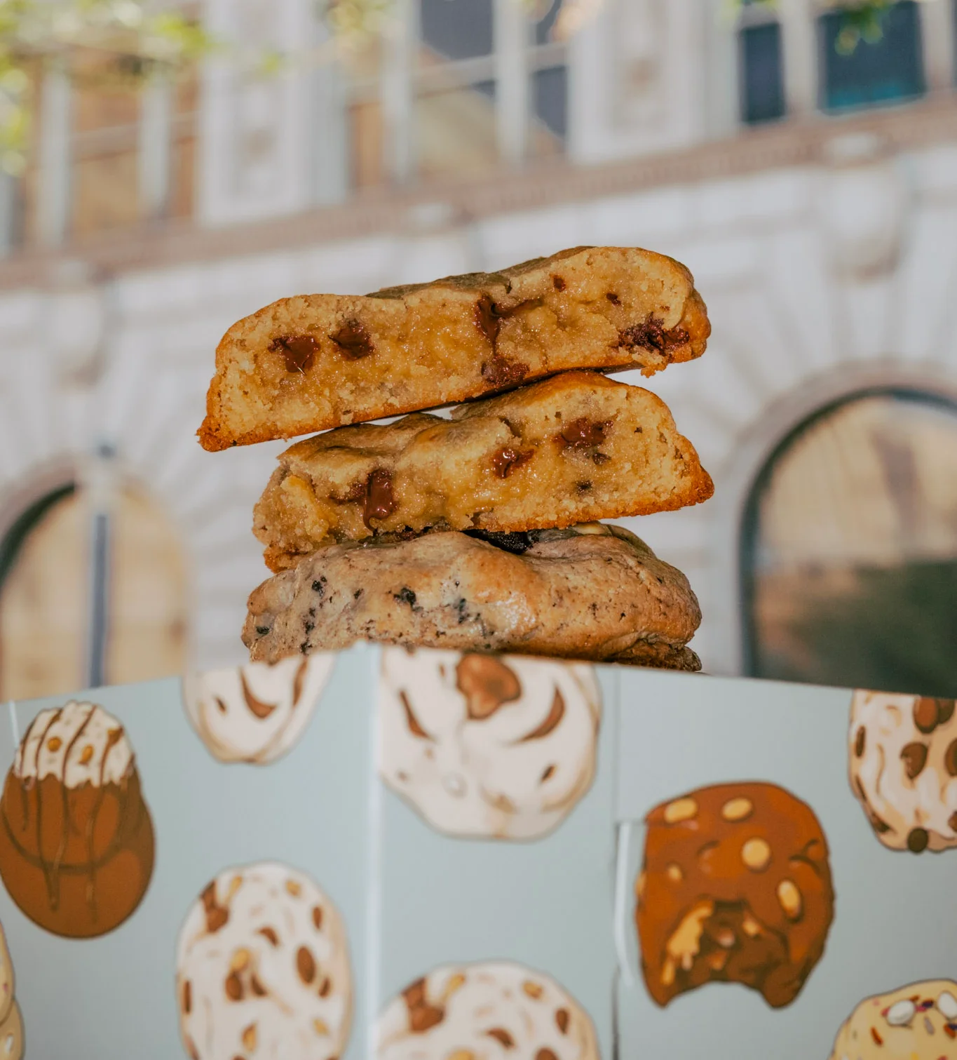 Stack of freshly baked chocolate chip cookies