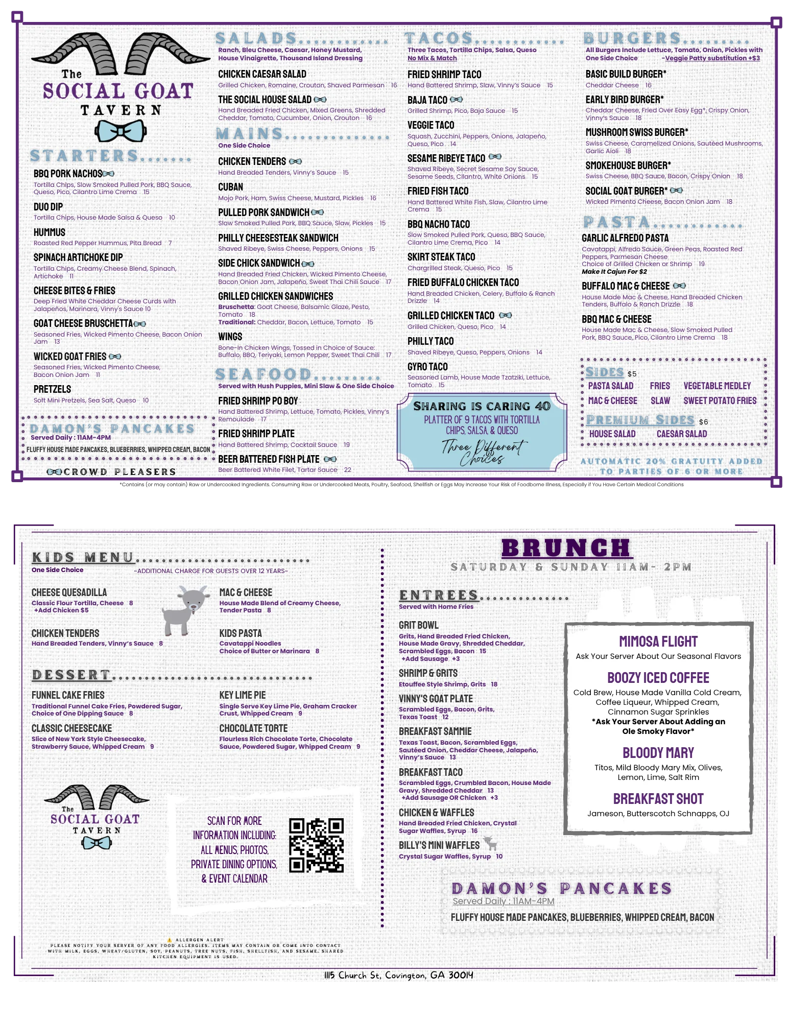 Menu layout featuring diverse American tavern dishes and brunch options