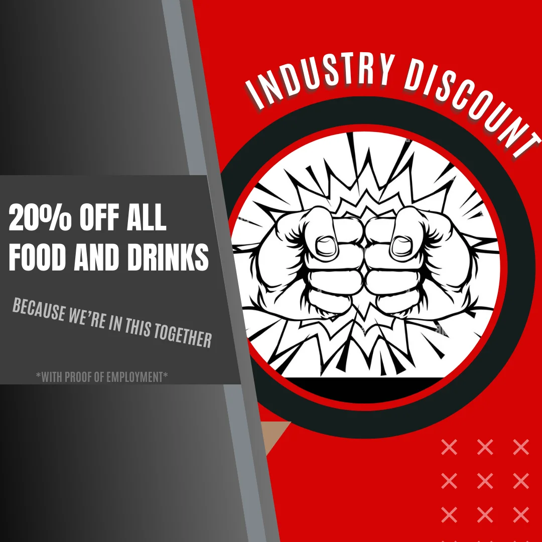 Promotional graphic for industry discount on food and drinks
