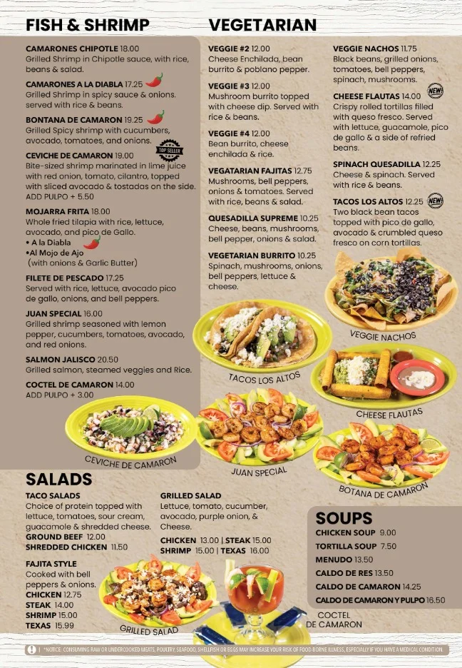 Mexican seafood menu featuring shrimp and fish dishes