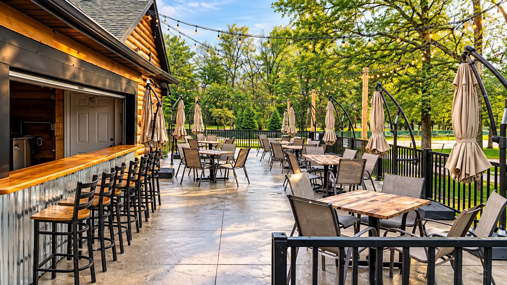 Outdoor dining area with wooden tables and umbrellas in a scenic setting