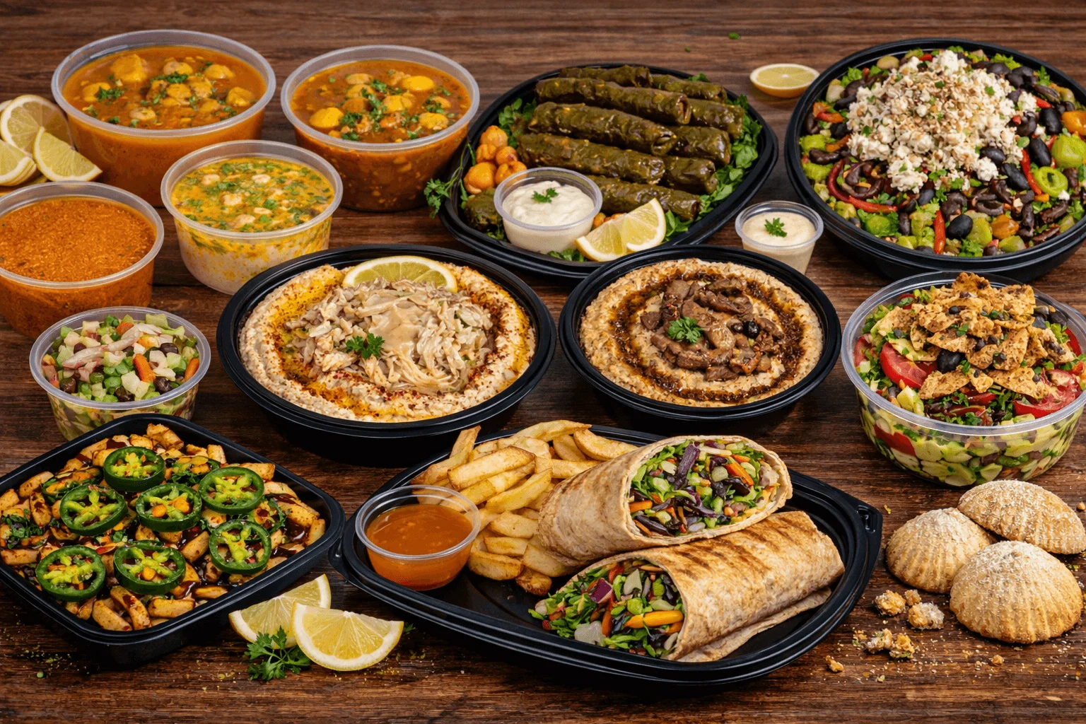 Assorted Middle Eastern dishes including hummus and wraps