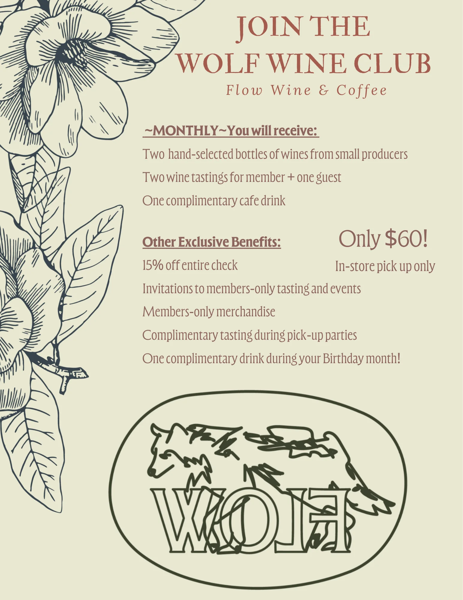Promotional flyer for Wolf Wine Club membership benefits