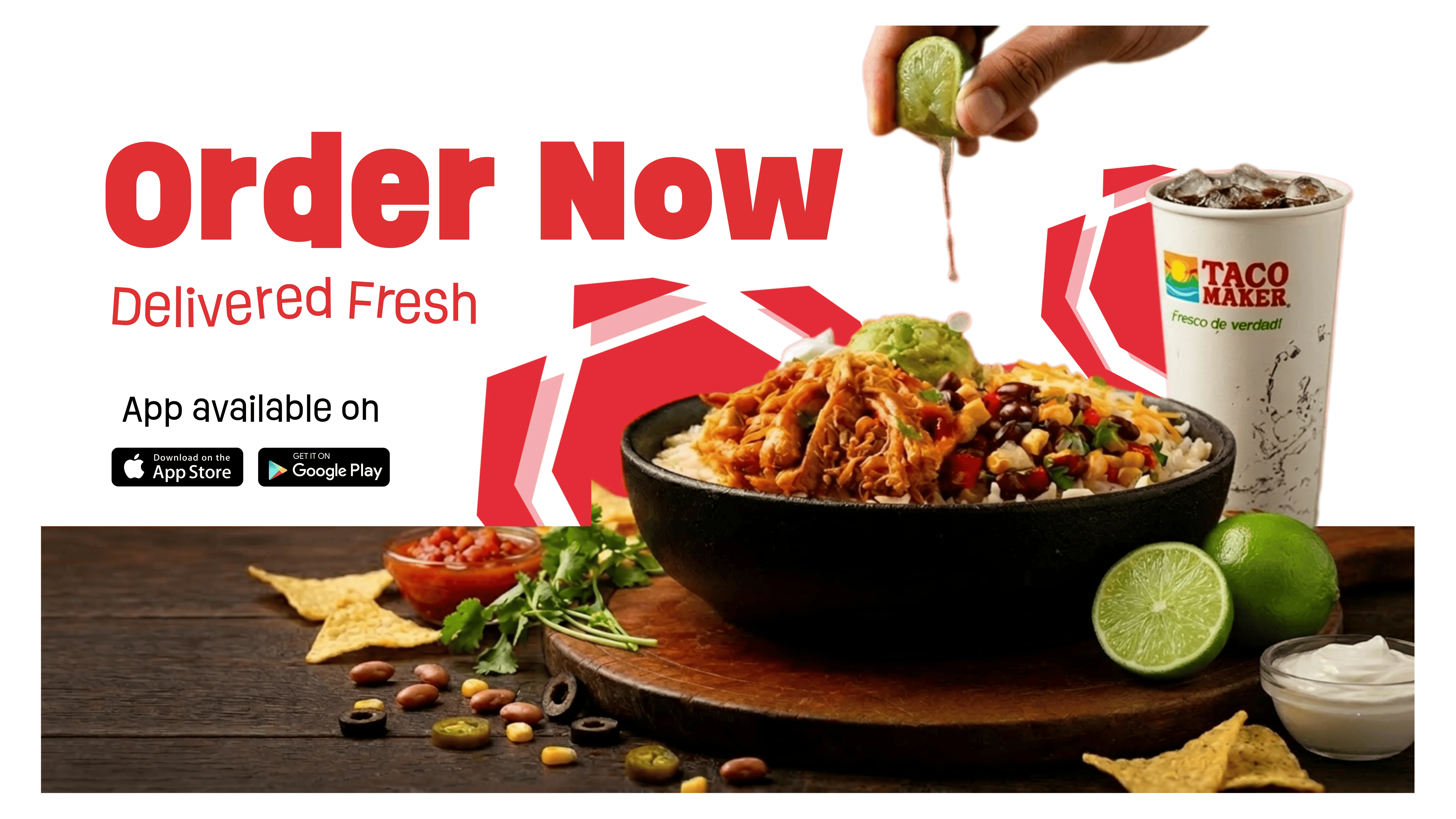 Colorful taco banner showcasing various taco options and vibrant ingredients.