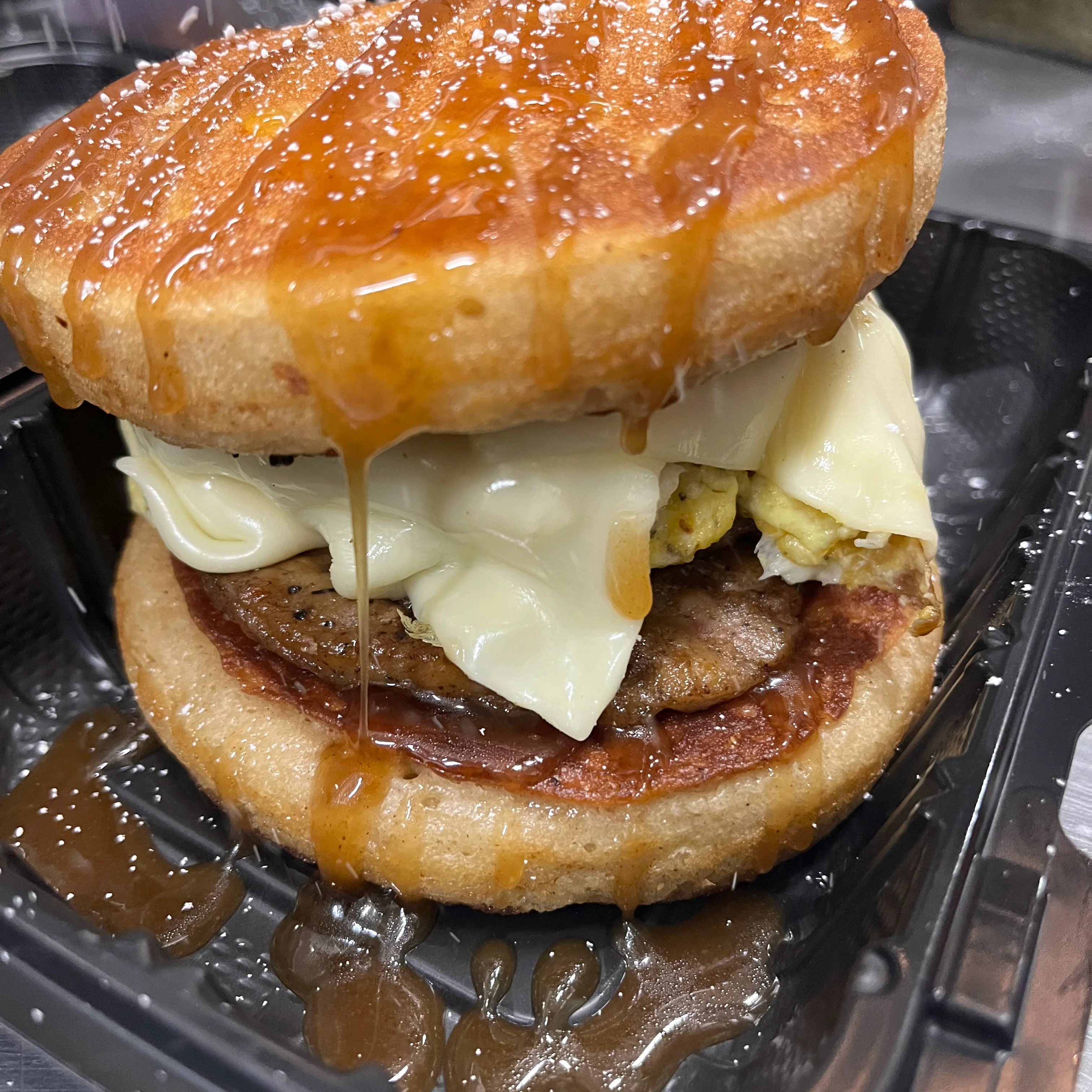 Decadent breakfast sandwich with caramel drizzle