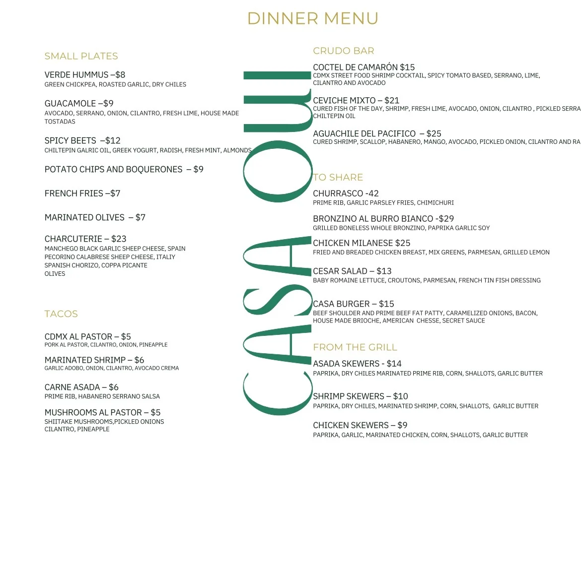 Dinner menu from Casa Oul featuring small plates, tacos, and grill items.