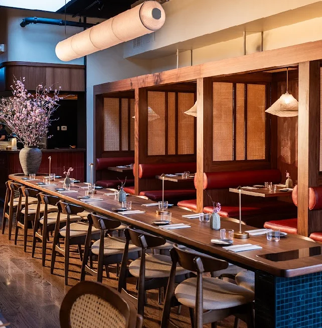 Stylish restaurant interior with wooden decor and cozy seating