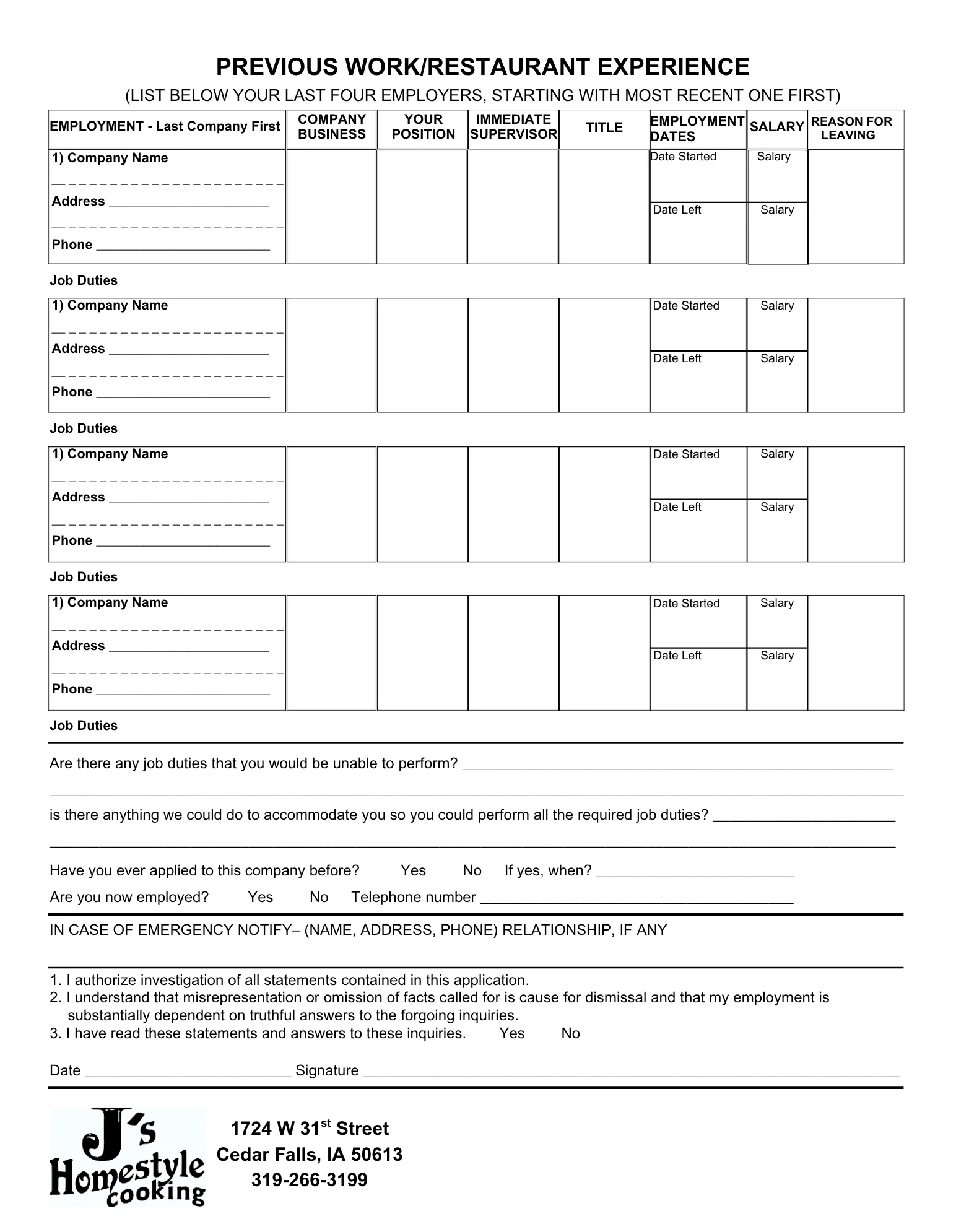 Job application form for restaurant employment