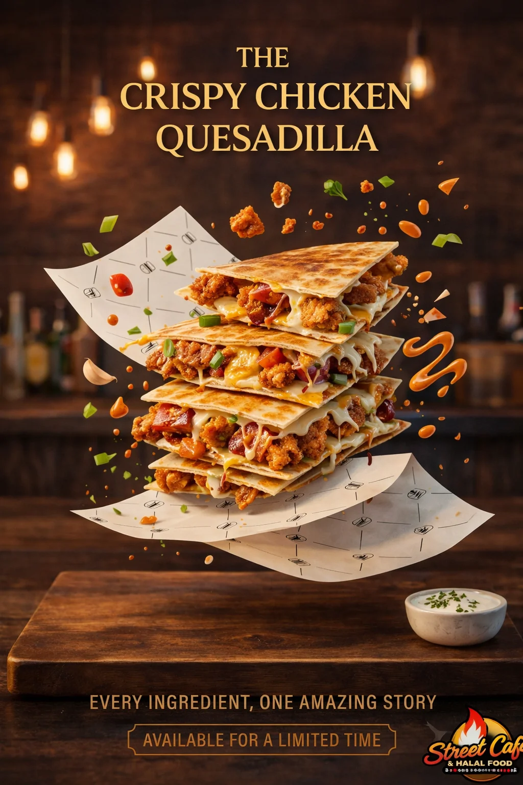 A stack of crispy chicken quesadillas filled with chicken, cheese, and vegetables, creatively displayed with ingredients around them.