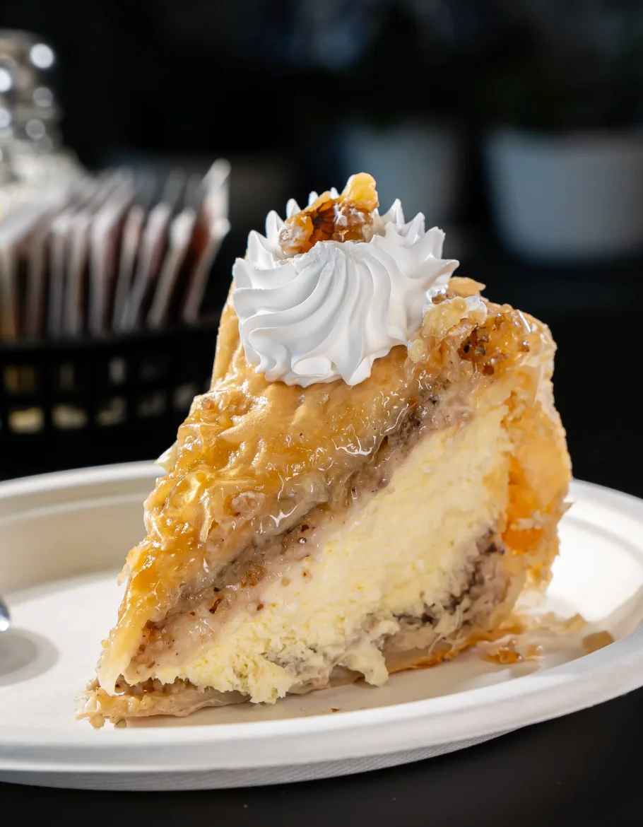 A slice of creamy cheesecake topped with a decorative swirl of whipped cream and a drizzle of syrup.