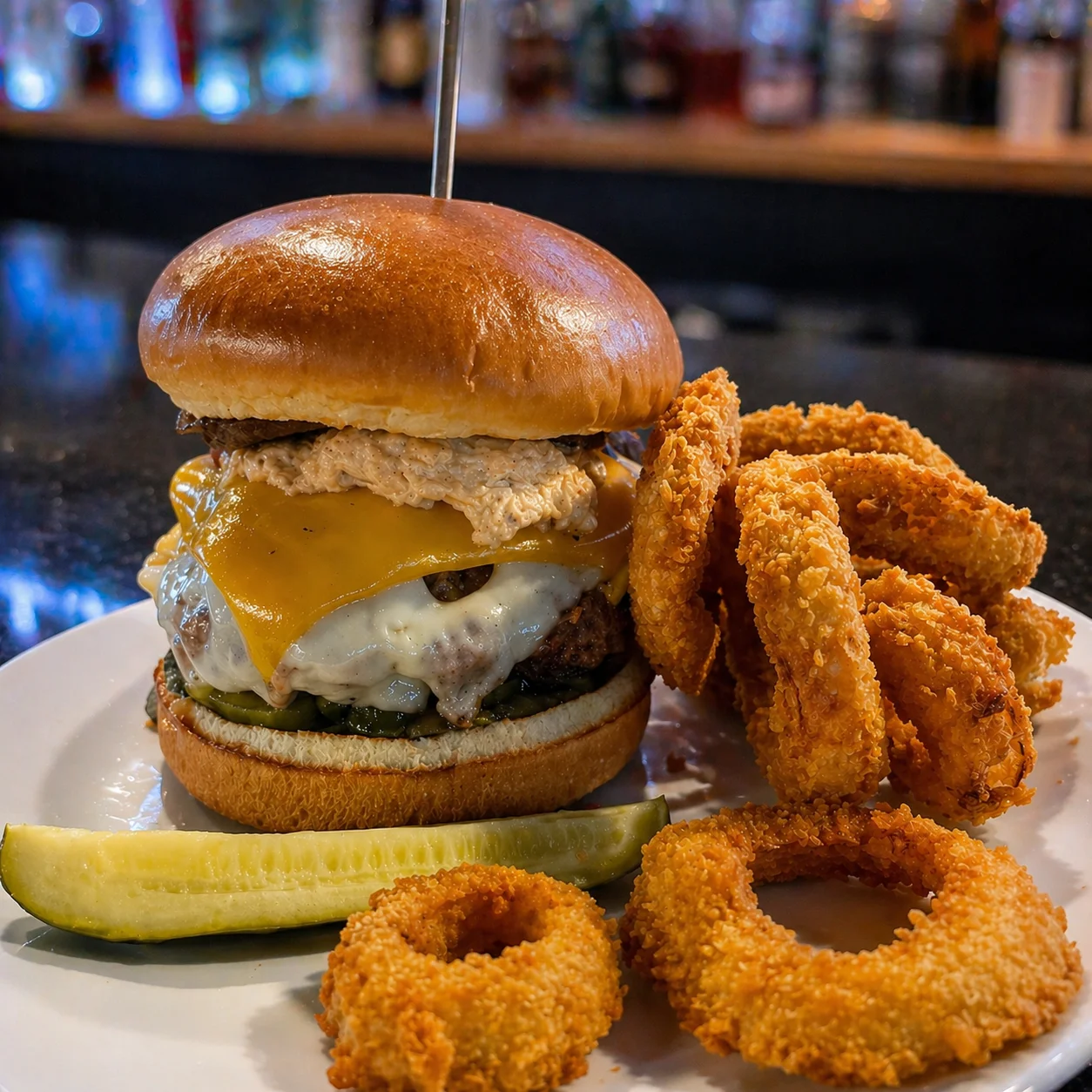 A delicious burger with cheese, pickles, and onion rings on a plate.