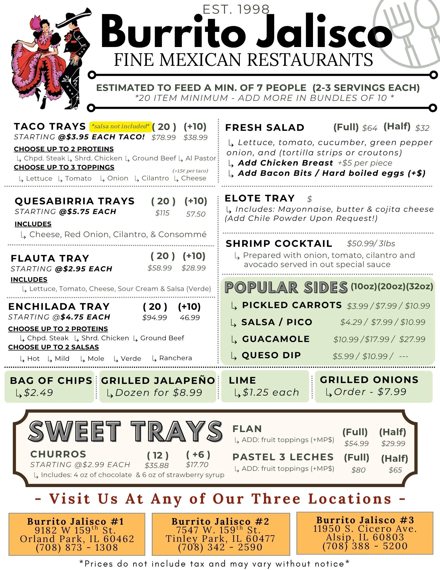 Menu for Burrito Jalisco featuring Mexican catering options and dishes