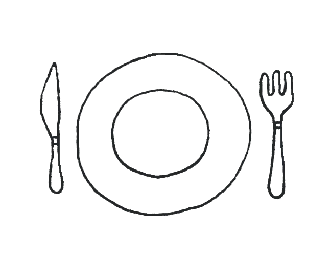 Minimalist illustration of a plate, knife, and fork