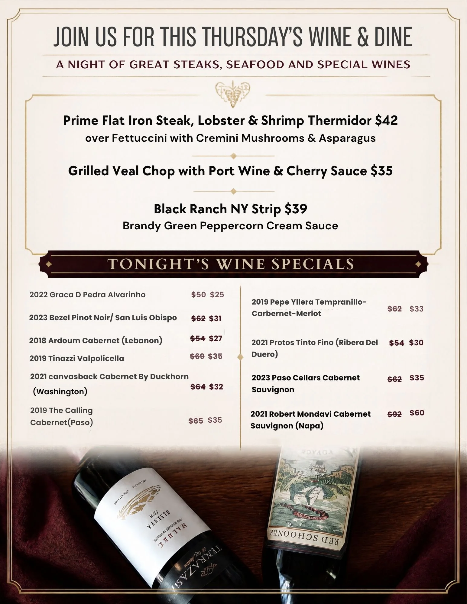 Restaurant wine and dine menu with steak specials and wine bottles