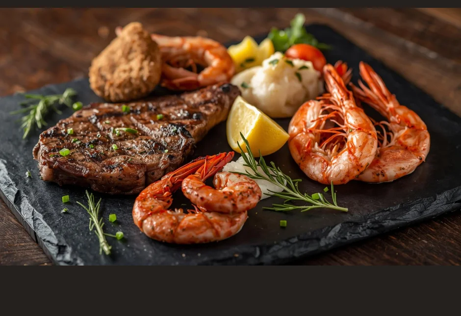 Grilled surf and turf platter with steak and shrimp