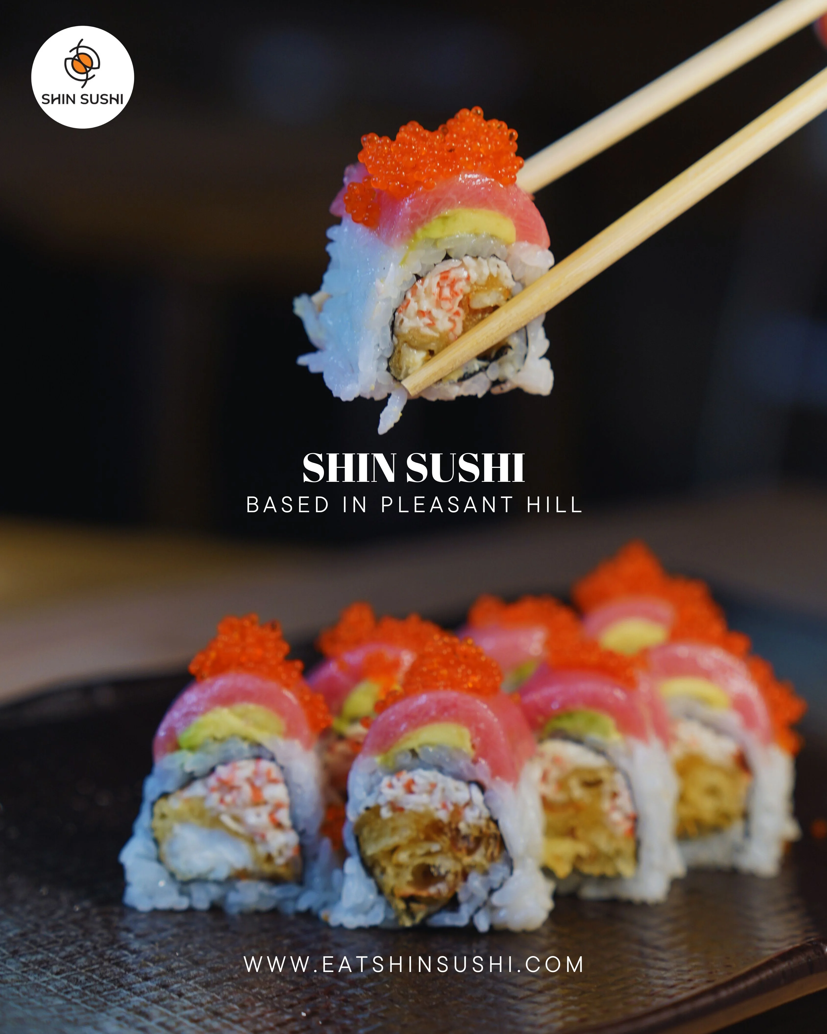 A plate featuring the Godzilla roll, garnished with sauce, fish roe, and chopped green onions.