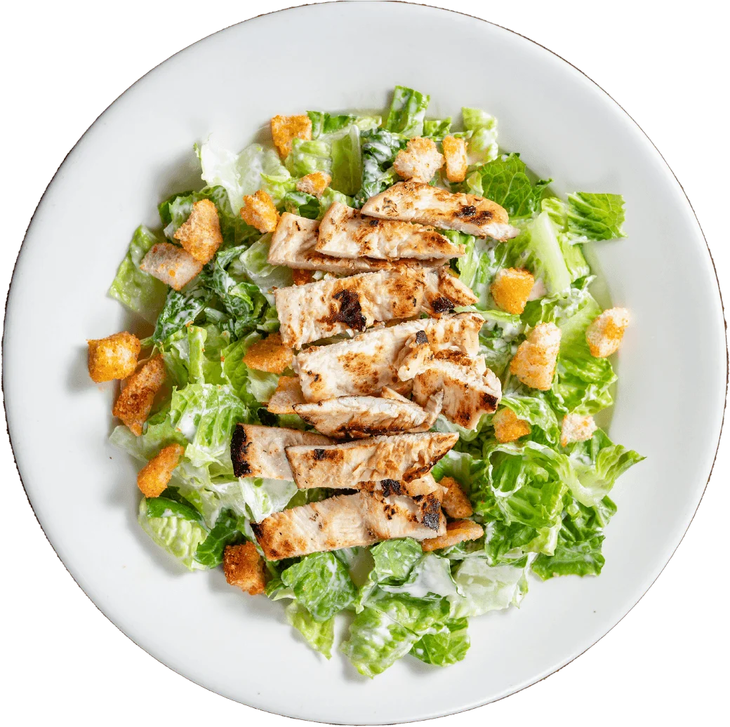 Grilled chicken Caesar salad on a white plate