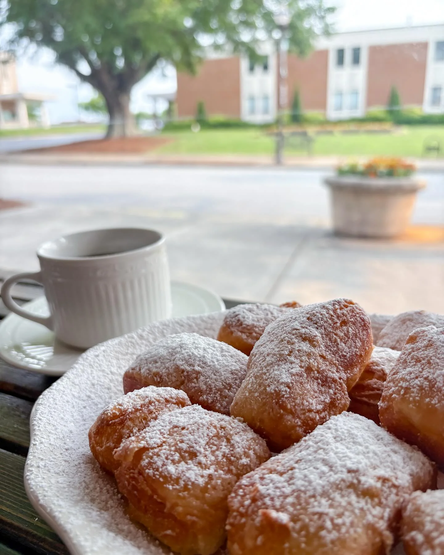Freshly made beignets dusted with powdered sugar and coffee