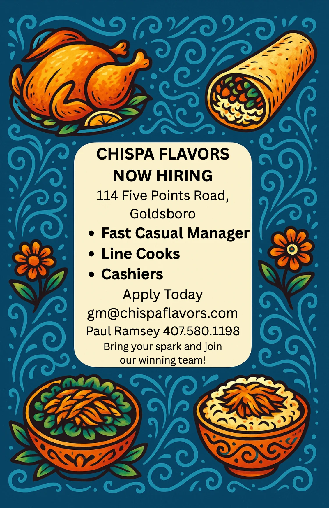 Hiring announcement for Chispa Flavors restaurant in Goldsboro