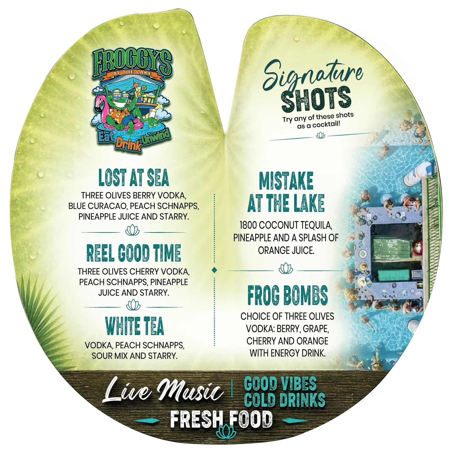 Menu featuring signature drinks and shots at Froggy's at the Lake.