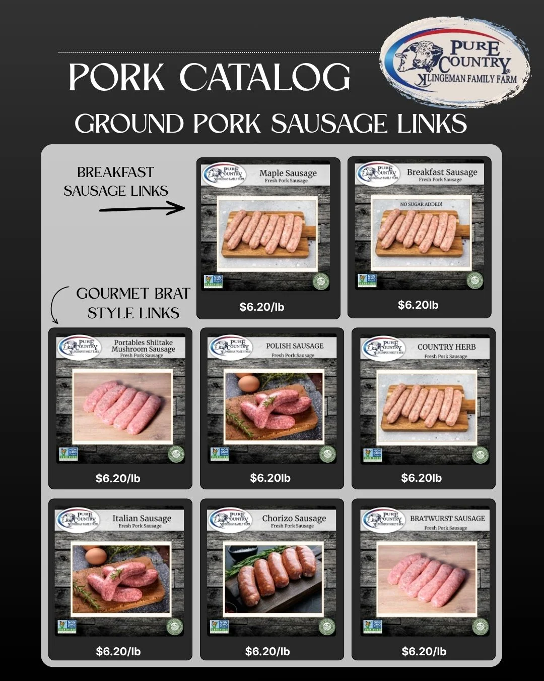 Pork sausage catalog featuring breakfast, bratwurst, Polish, Italian, and chorizo links