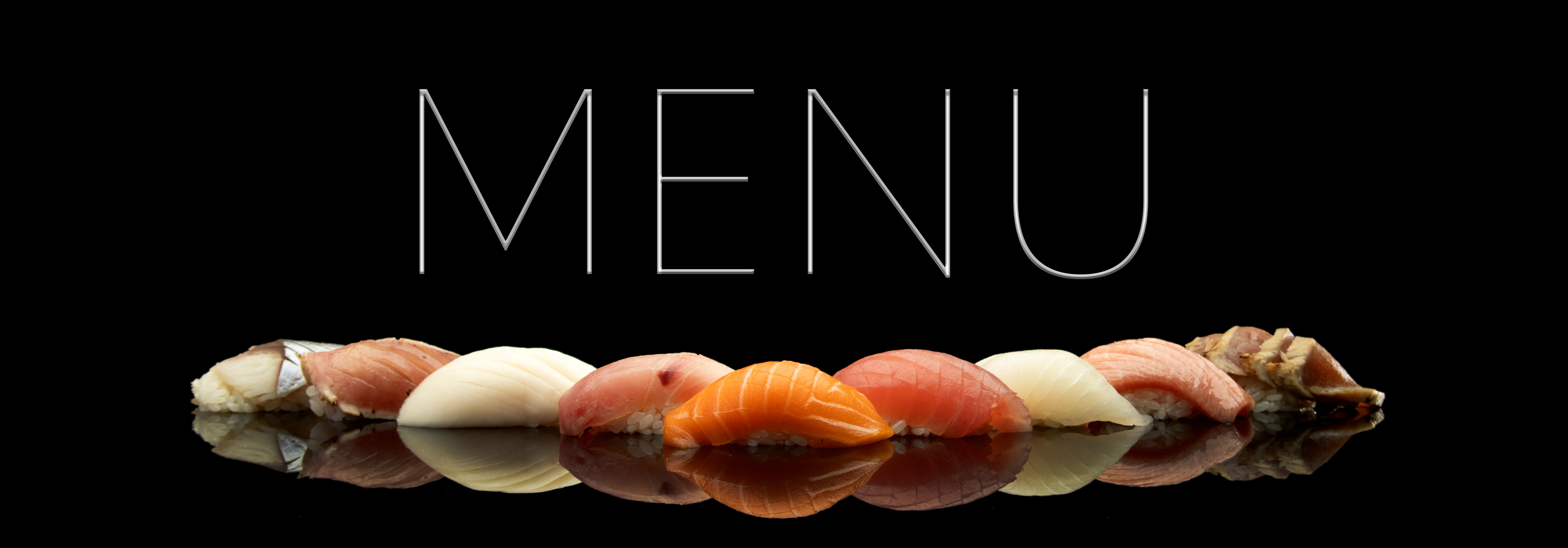 Sushi menu with various types of sushi on a reflective surface.